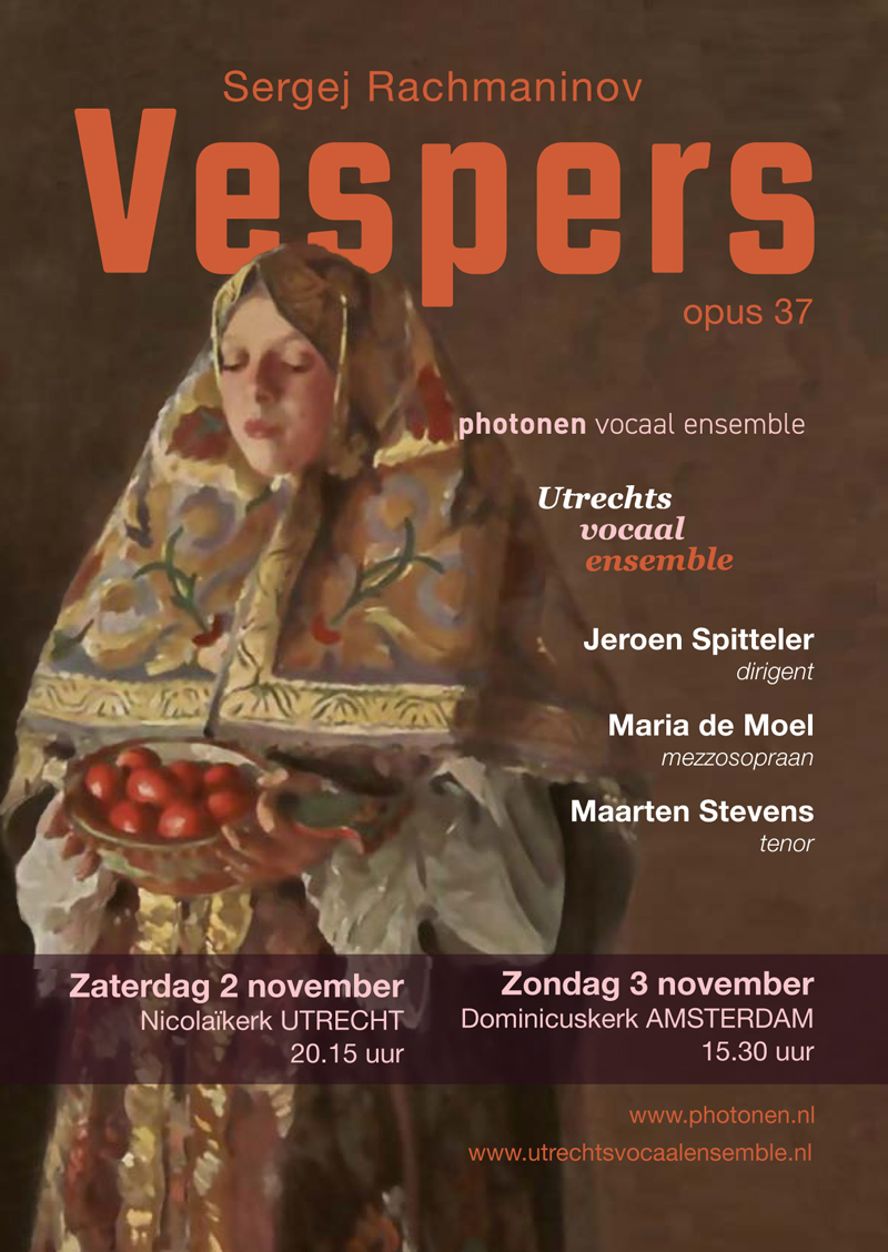 Flyer voor de Vespers van Rachmaninov, uitvoering door het Utrechts Vocaal Ensemble
