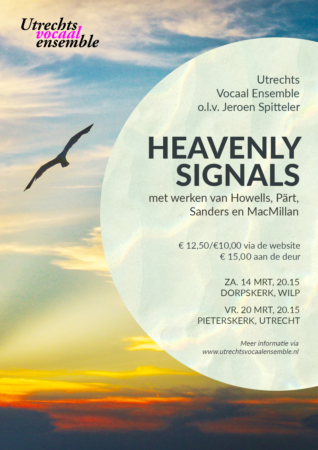 Flyer concert Heavenly Signals van het Utrechts Vocaal Ensemble